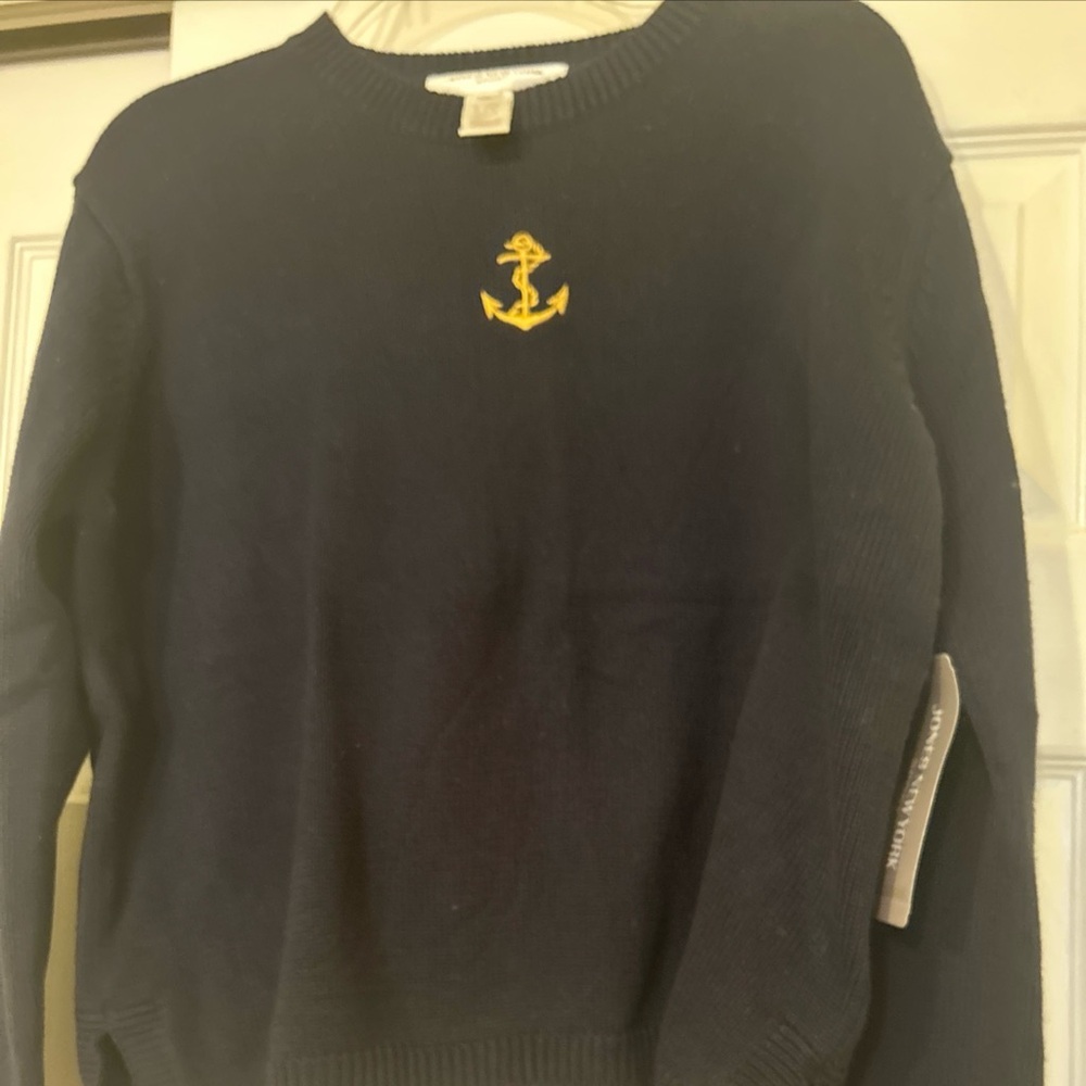 Nwt Jones New York   Large Sweater Womens Knit Button Embroidered Anchor Blue